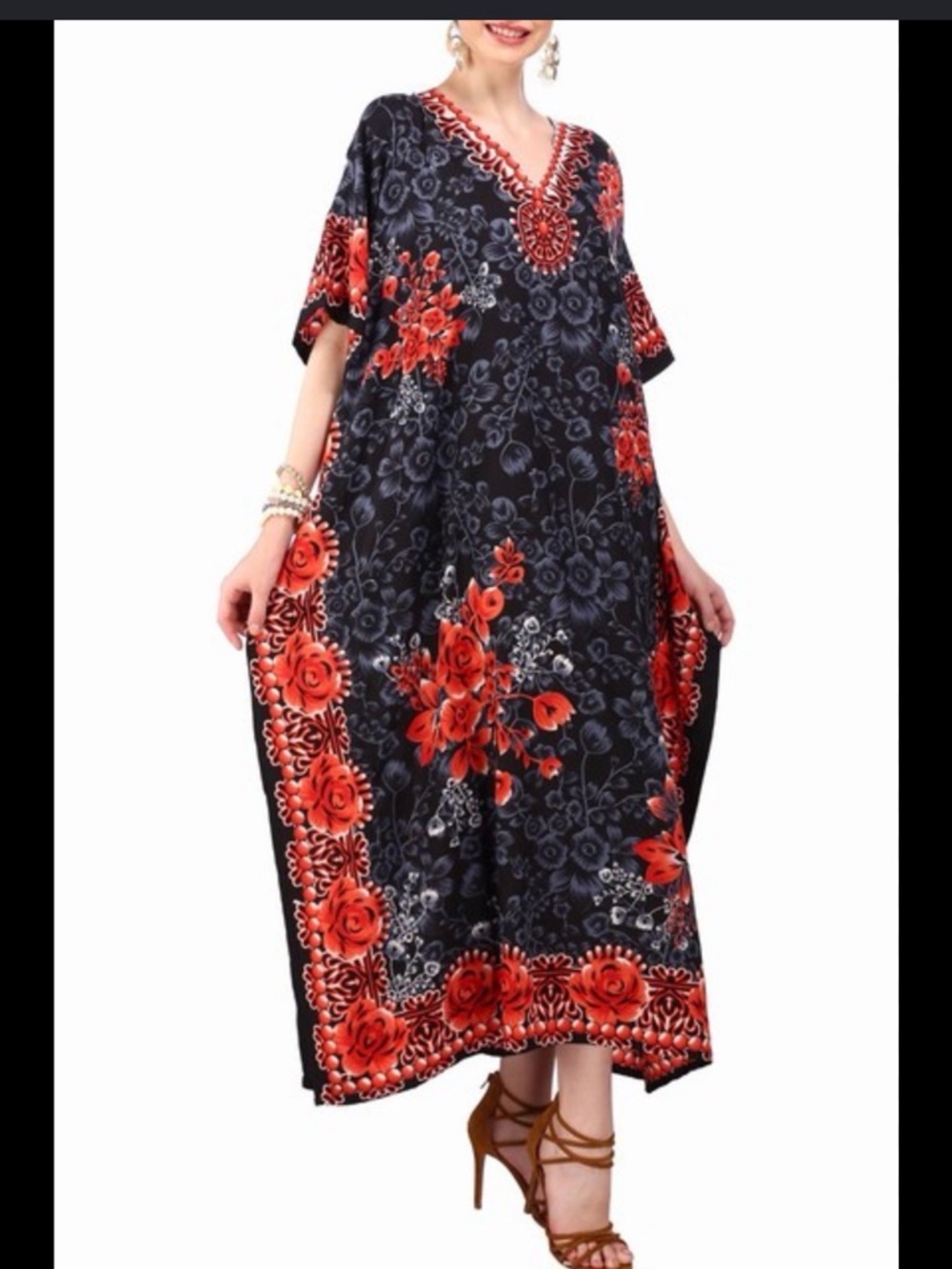 Miss Lavish Black Floral Kaftan Dress XL Soft Boho Flowy